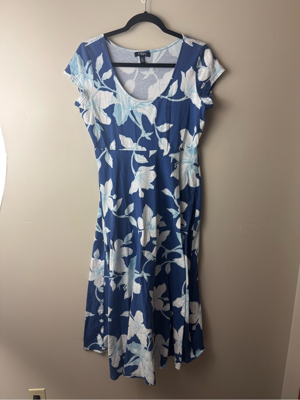 Chaps Blue Floral Scoop Neck Midi Cotton Dress Summer Beach Resort Petite Large